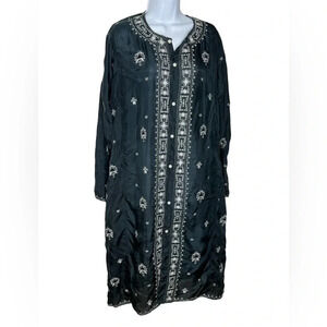 Jennifer Miller women’s long black embroidered silk tunic side slits sz 2
